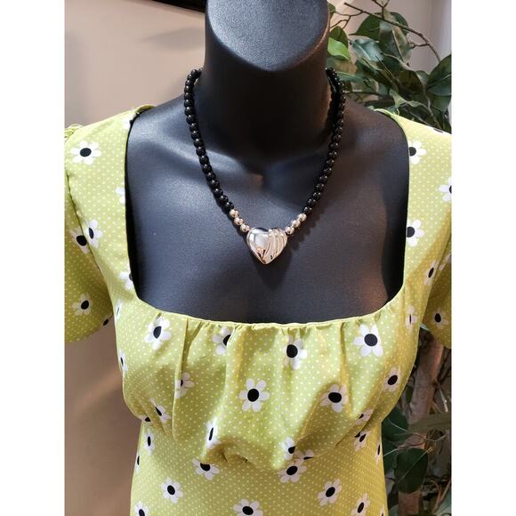 Forever 21 Daisy Dress Women's M Green Polka Dots Pleated Puff Sleeve Back Zip - Picture 5 of 11